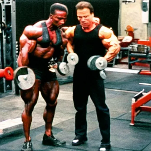 Prompt: predator and arnold schwarzenegger lifting weights together