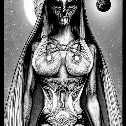 Image similar to illustration of a freaky goddess with a dark moon in the far distance by HR giger, ultradetailed, beautiful, happy, outstanding, trending on artstation, 8k