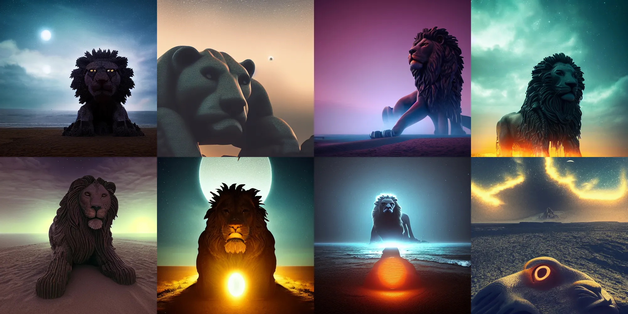 Prompt: beautiful dark beach landscape, giant highly detailed lion statue glowing eyes, beautiful dark outer space sky, in the style of beeple and Mike Winkelmann, intricate, epic lighting, cinematic composition, hyper realistic, 8k resolution,