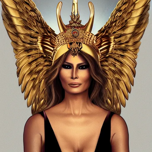 Prompt: melania trump with golden pharaoh headdress, and angel wings, elegant, angelic, trending on artstation