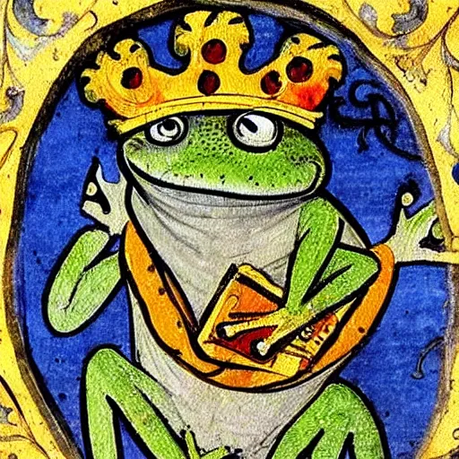 Image similar to beautiful medieval book manuscript painting of a frog wearing a crown