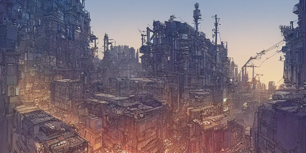 Image similar to ”a diesel punk city vista, Twilight, city lights, reflections, glares, perspective sky, HD, 8k, in the style of Katsuhiro Otomo, Ian mcque”