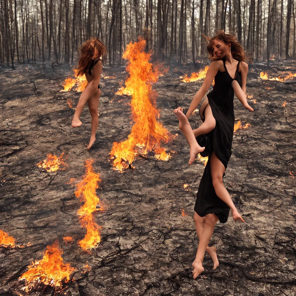 Prompt: a young woman dances in a forest fire. she burned in the flames