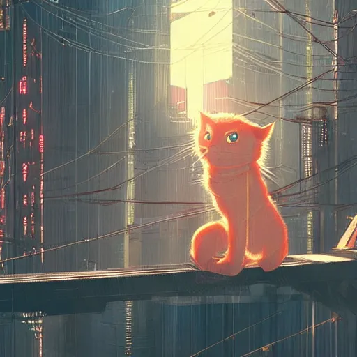 Prompt: a red cat sitting on steel beam high above the ground, cyberpunk, bladerunner, futuristic, studio ghibli, anime, smooth, trending on artstation