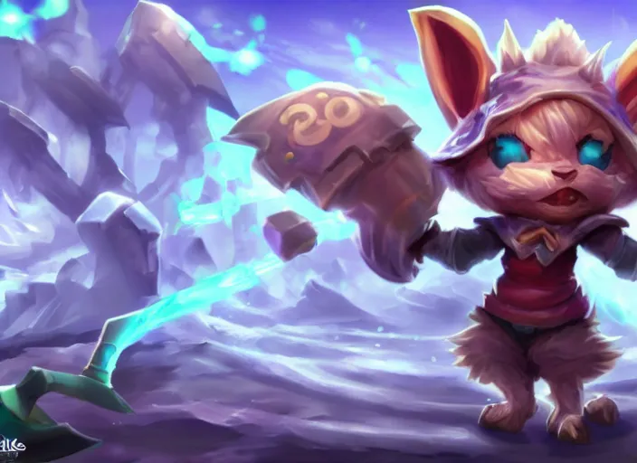 Prompt: champion splashart of yordle made out of ice