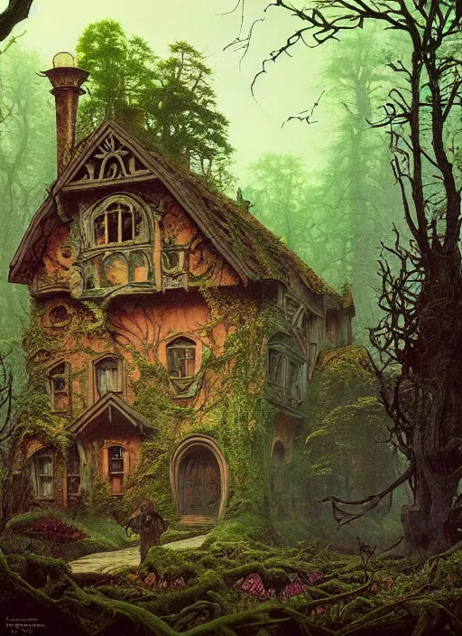 Image similar to hyper realistic witch cottage rococo in the woods gorgeous lighting, highly detailed, lush forest painting by zdzisław beksinski and norman rockwell and greg rutkowskiweta studio, and lucasfilm