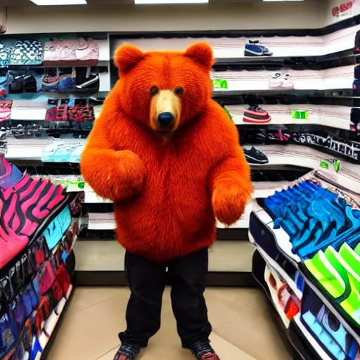 Image similar to a photograph of a man poorly cosplaying as a bear, he is in a shoe store, he is standing in between long store isles, vivid color, 50mm