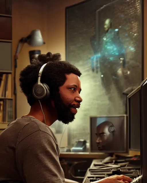 Image similar to light skin black man with headphones at his home studio producing music late at night, very detailed, 4 k, concept art like ernest khalimov, intricate details, highly detailed by greg rutkowski, ilya kuvshinov, gaston bussiere, craig mullins, simon bisley