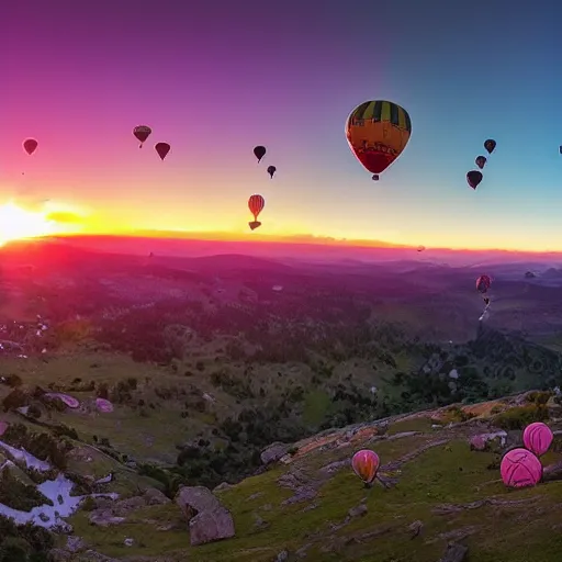 Image similar to panoramic picture taken with a wide angle lens from the top of a high mountain. hundreds of brightly coloured hot air balloons are floating in the sky. picture taken at sunset. simon stalenhag style, extremely detailed scenic, impressive lighting