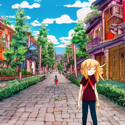 Prompt: Girl getting lost in the city of Armenia Quindio, Artwork by Studio Ghibli, official media, concept art, 8k, pixiv, high definition, wallpaper, hd, digital artwork