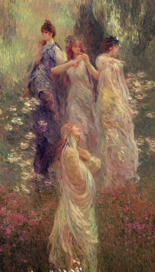 Image similar to illustration studio portrait of three beautiful seraphim female energy in artistic poses in nature, monet painterly motives and textures pattern, hyper detailed, octane render, vivid colors, artstation, by jeremy mann, by alphonse mucha, by monet