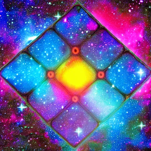 Image similar to a cosmic rubik's cude, nebula, galaxies, stars, outer - space ( cyan, pink, purple, orange )