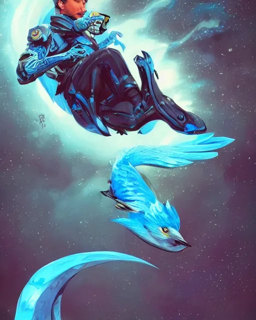 Prompt: elon musk riding on a blue twitter bird, fantasy art, in the style of artgerm, illustration, epic, fantasy, intricate, hyper detailed, artstation, concept art, smooth, sharp focus, ray tracing, vibrant, photorealistic