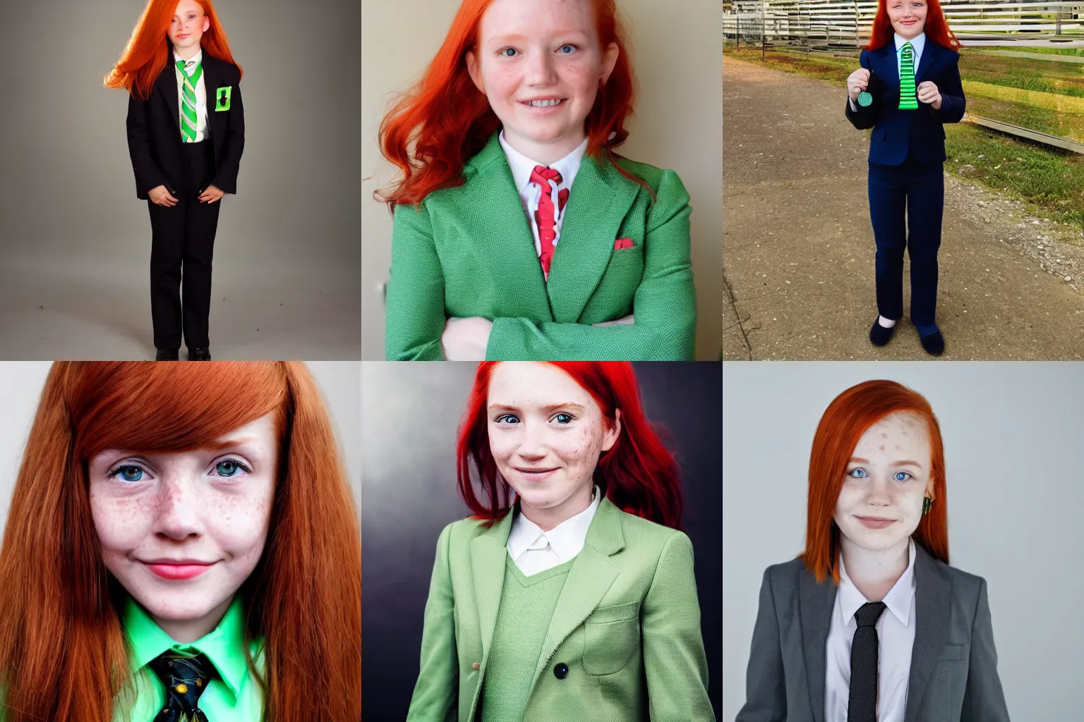 Prompt: A of a 10 year old girl in a business suit, red hair, freckles, green eyes, award winning, stunning