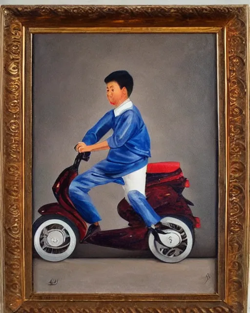 Image similar to asian school boy riding moped, aged oil painting by le pho