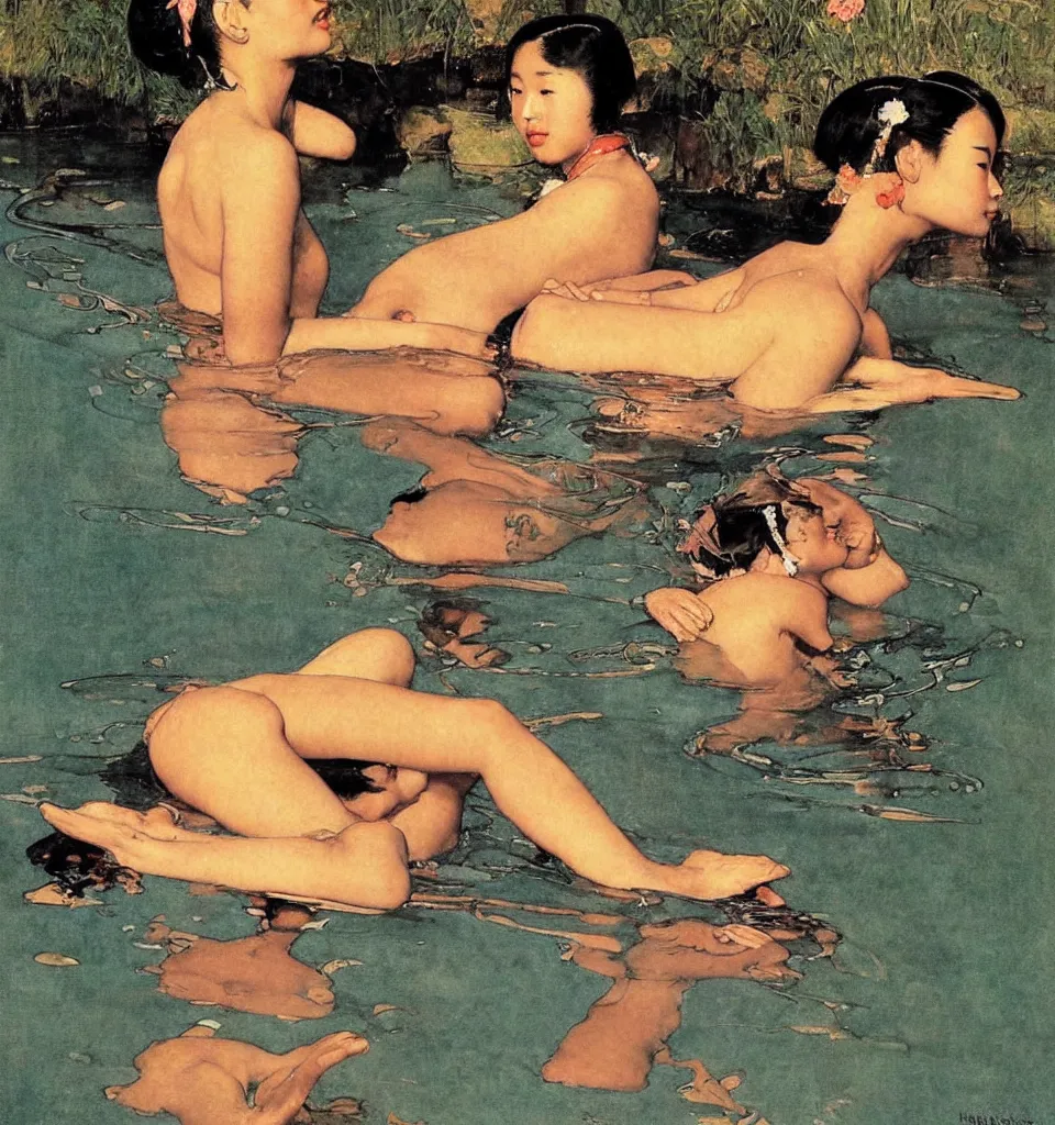 Prompt: a beautiful asian girl swimming by Norman Rockwell