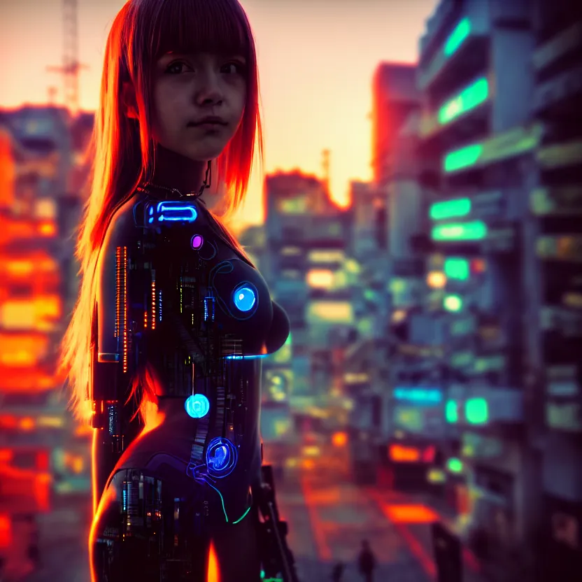 Image similar to a photo close up cyberpunk cyborg girl stands in a cyberpunk hiroshima, prefecture streets, sunset, photorealistic, cinematic lighting, very detailed, style by tomino - sama