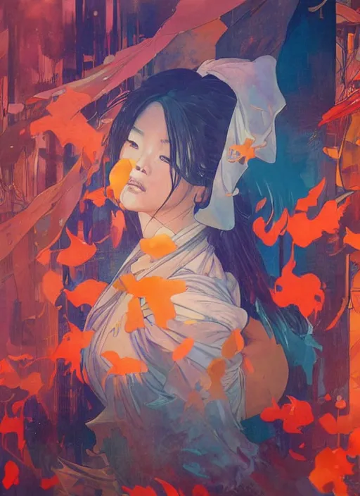 Image similar to view through window, mulan, orange, splash aura in motion, floating pieces, painted art by tsuyoshi nagano, greg rutkowski, artgerm, alphonse mucha, spike painting