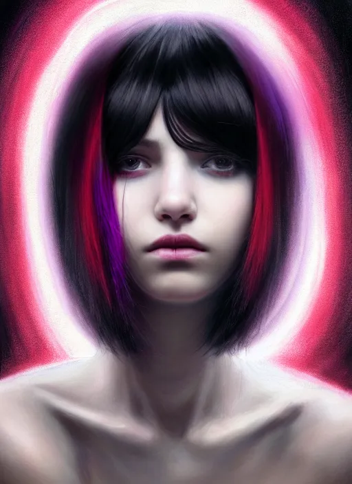 Image similar to portrait of teenage girl, red irises, bangs, black and white hair, white bangs, purple clothes, white bangs, two color hair, black hair and white bangs, intricate, elegant, glowing lights, highly detailed, digital painting, artstation, concept art, smooth, sharp focus, illustration, art by wlop, mars ravelo and greg rutkowski