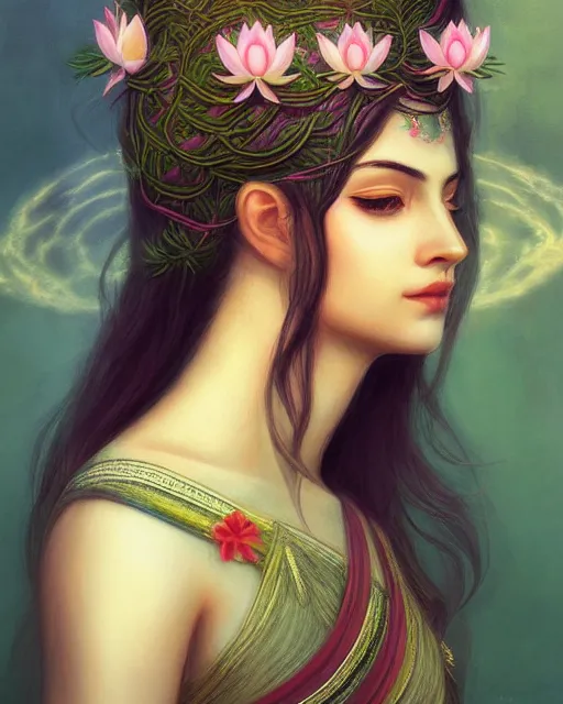 Image similar to the goddess of summer, with lotus on her head, half - length head portrait, dreamy, beautiful, by wlop