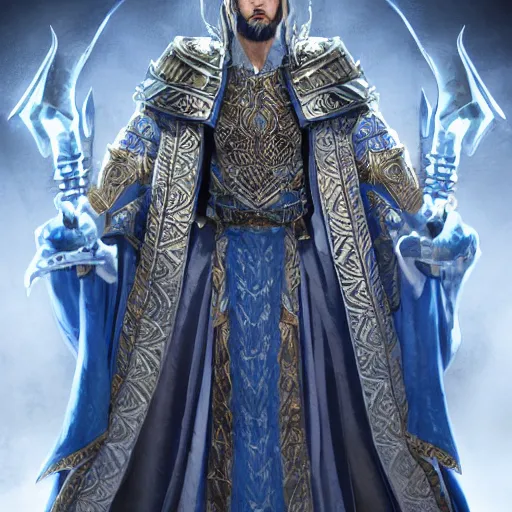 Image similar to concept art, full body portrait of king sorcerers, ornate, blue and silver, armor, robes, hyperrealistic, 4 k, unreal engine, highly detailed, dramatic lighting, beautiful