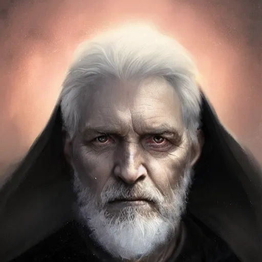 Prompt: portrait of a man in a black cloak, silver hair, glowing eyes, detailed face, highly detailed, cinematic lighting, digital art painting by greg rutkowski.