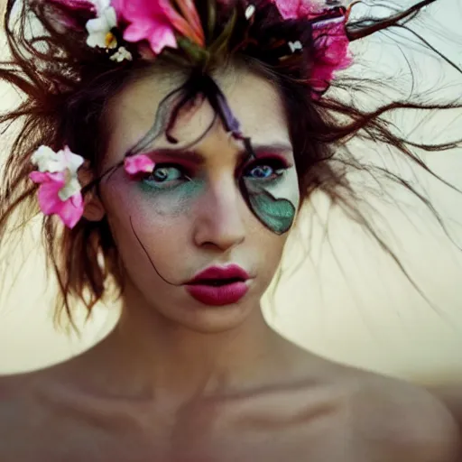 Prompt: Candid portrait photograph of a female fashion model face close up, model wearing an Avant-garde outfit with flowers in hair, desert ambiance , photo taken by Annie Leibovitz