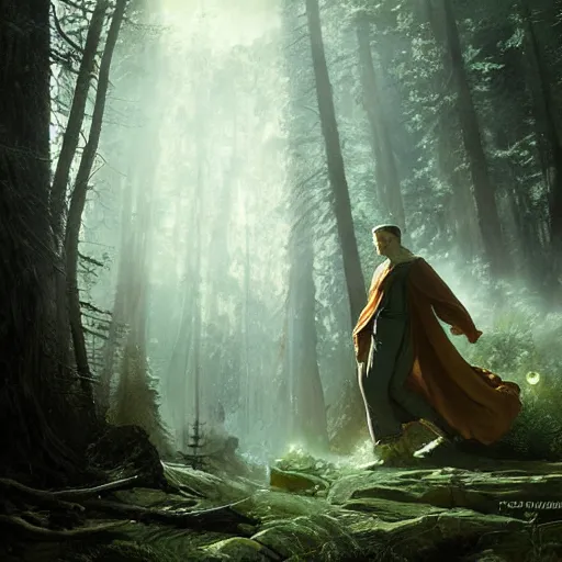 Image similar to a mysterious elf, glowing and wearing a loose robe, levitating and surrounded by an orb of infinite energy, Ivan Shishkin and Greg Rutkowski