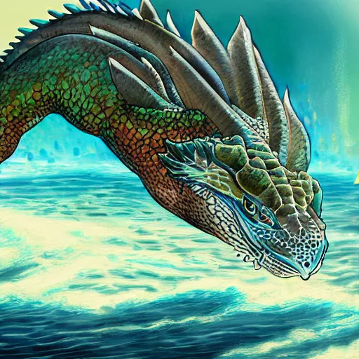 Image similar to a water dragon getting out of the ocean, digital art, fantasy art