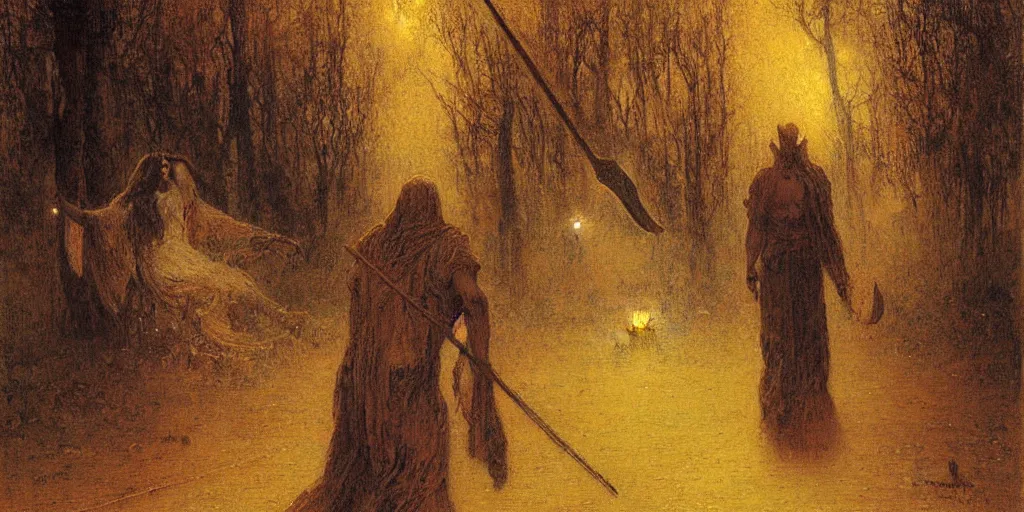 Prompt: a painting of the dark man at the crossroads by gustav moreau, jean delville and  Gaston Bussiere