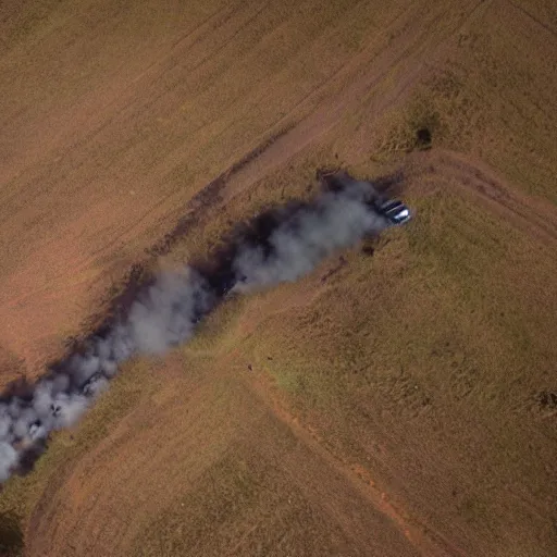 Prompt: an aerial photo of a convoy of futuristic tanks riding in a long line into a smoky hole in the ground, moody cinematic light