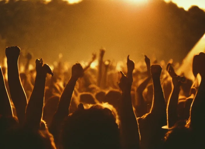 Image similar to a 2 8 mm macro photo from the back of a crowd at a rock concert festival in silhouette in the 1 9 6 0 s, bokeh, canon 5 0 mm, cinematic lighting, dramatic, film, photography, golden hour, depth of field, award - winning, 3 5 mm film grain