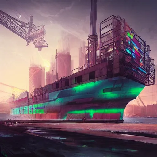 Prompt: Immense industrial futuristic cargo ship arrives at cyber punk city sea port, cinematic lighting, concept art