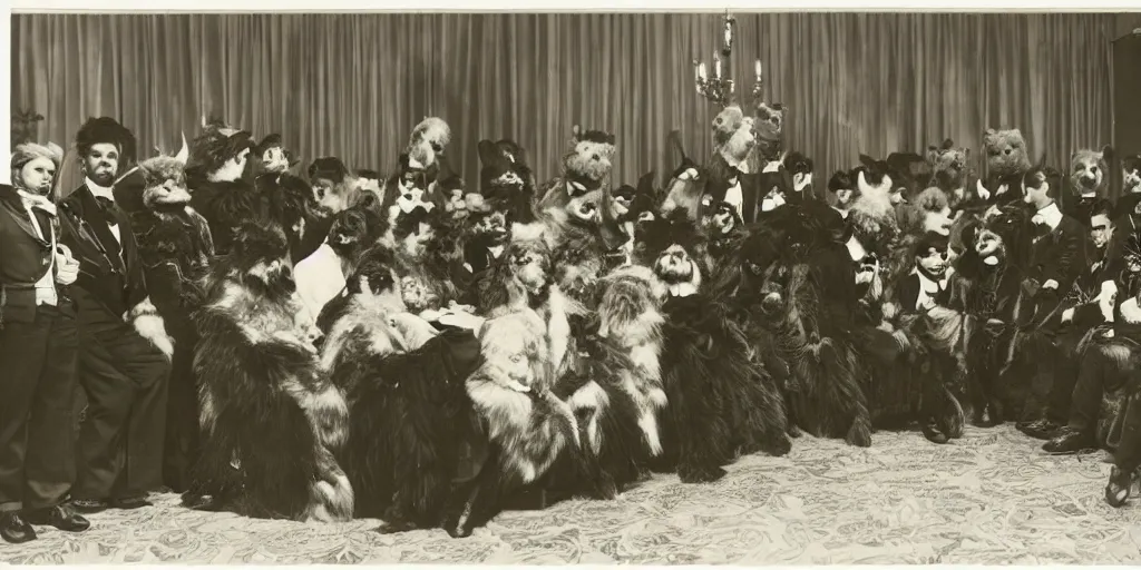 Image similar to a furry convention taking place in a luxury hotel, 1 9 0 0 s photograph