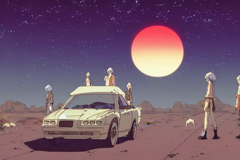 Image similar to a still from a studio ghibli film of a ufo beaming up a group of deer ufo from princess mononoke ( 2 0 0 4 ) at night on a desert road, full body, wide shot, very muted colors, post grunge, studio ghibli, laurie greasley, highly detailed, deviantart, art by artgem