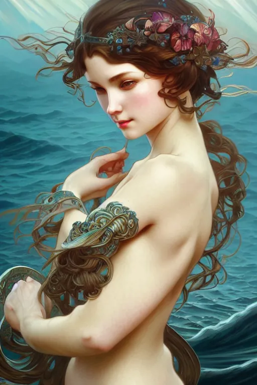 Image similar to ocean, dark fantasy, intricate, elegant, highly detailed, digital painting, artstation, concept art, matte, sharp focus, illustration, art by artgerm and alphonse mucha