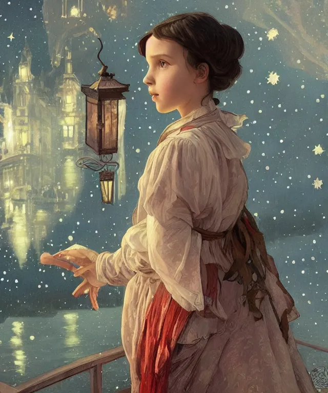 Image similar to a beautiful painting of a girl resembling millie bobby brown in front of the lantern festival in a an ancient italian town, at night with a sky full of stars, intricate, elegant, highly detailed, digital painting, artstation, concept art, by krenz cushart and artem demura and alphonse mucha