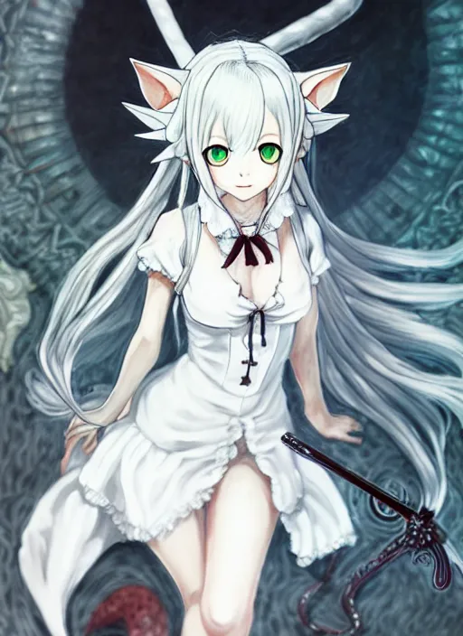 Image similar to a portrait of nekomimi wearing white dress an ultrafine detailed painting, detailed painting, detailed eyes!!, final fantasy octopath traveler lovecraft no hands ghibly