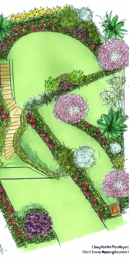 Prompt: highly technical garden plan, overhead plan sketch, garden design by charlotte rowe