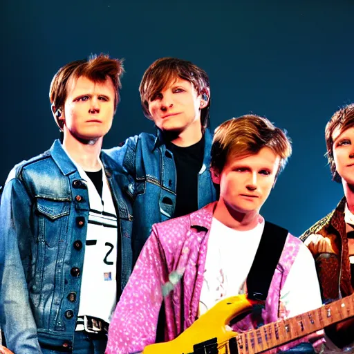 Prompt: marty mcfly as a member of british band mcfly, highly detailed, photorealistic, high - res photography, concert photos