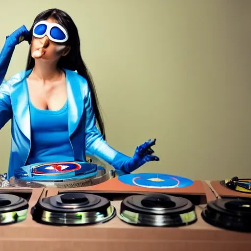 Prompt: a heroic woman wearing a blue super hero outfit playing on turntables