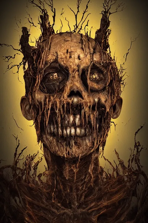 Prompt: portrait of the god of decay and rot, character design, scary, radiating with power, glowing yellow eyes, whirling death, disgusting, dripping, oily, decomposition, ghostly mist, scary, unreal engine, photorealistic