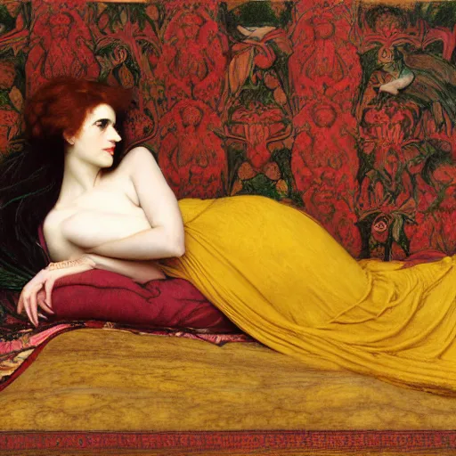 Image similar to preraphaelite photography reclining on bed, a hybrid of judy garland and a hybrid of lady gaga and katie holmes, aged 2 5, big brown fringe, wide shot, yellow ochre ornate medieval dress, john william waterhouse, kilian eng, rosetti, john everett millais, william holman hunt, william morris, 4 k