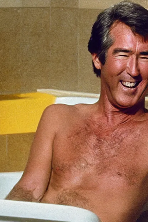 Image similar to randy mantooth laughing and sitting in a bathtub filled with clear yellow water