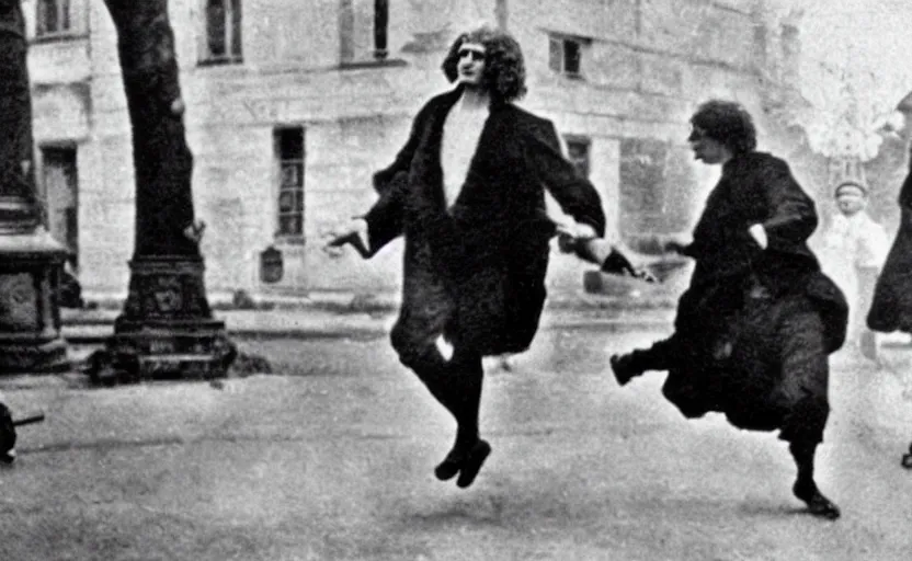 Image similar to a close - up old black and white photo, 1 9 1 3, depicting isaac newton wearing a big wig fighting gottfried leibnitz wearing a big wig in the streets of paris, rule of thirds, historical record