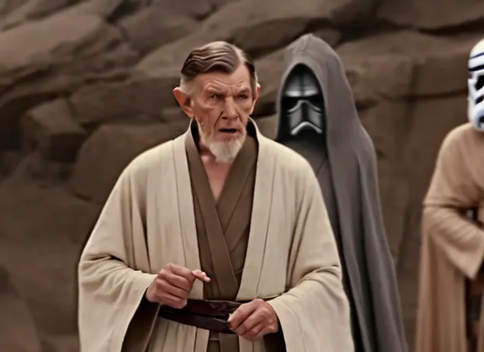 Prompt: young leonard nimoy as obi - wan kenobi, wearing a robe, in star wars : the force awakens ( 2 0 1 5 ). movie still