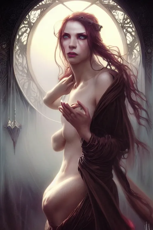 Image similar to seductive looking sorceress prays!!! magic the gathering, windy hair!, surreal dark fantasy, cinematic volumetric lights, portrait, dnd, intricate, elegant, highly detailed, digital painting, artstation, concept art, smooth, sharp focus, illustration, art by artgerm and tom bagshaw and greg rutkowski and alphonse mucha