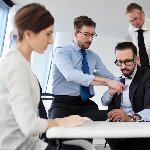 Image similar to Adult man in an office having his boss help with tying his shoes