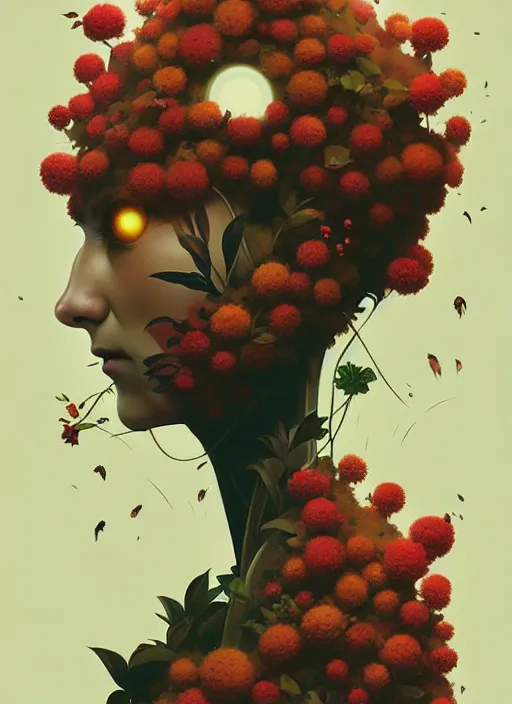 Prompt: flat surreal design by satoshi kon and greg rutkowski, a cyborg face in some plants with flowers and berries for a face, 6 0's retro sci - fi art