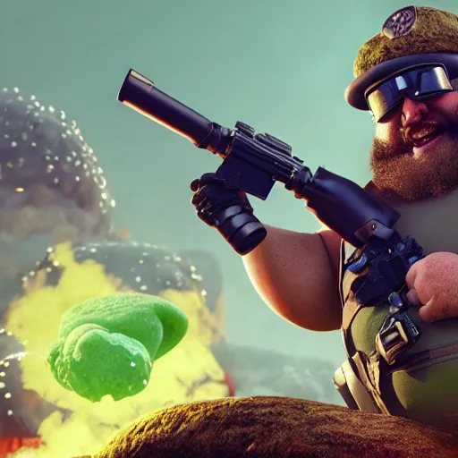 Prompt: highly detailed octane render of a short ugly fat man with a giant beard, holding a grenade launcher, wearing battle armour, goggles and a safety hat whilst laughing at a green mushroom cloud surrounded by dead insects in a cave